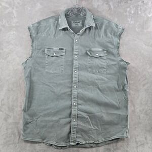 Poncho Denim Sleeveless Shirt Men XL Green Western Pearl Snap Distressed **